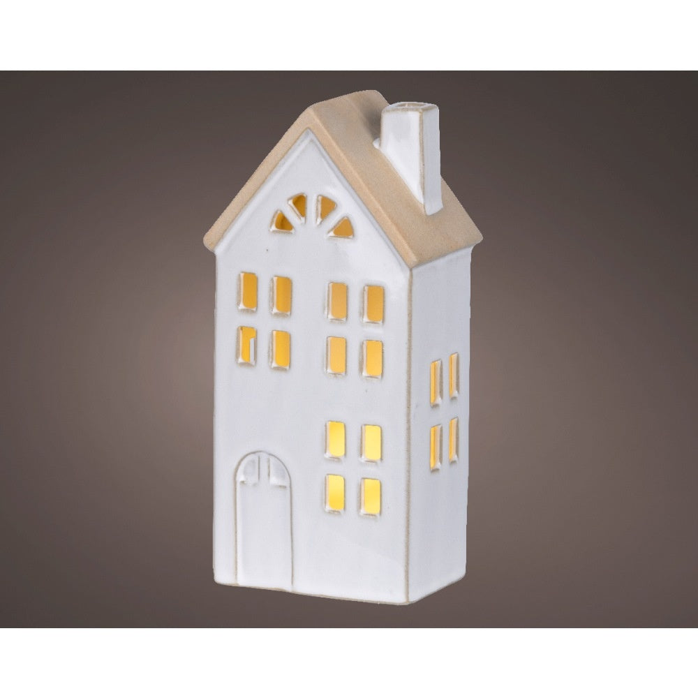 Kersthuisje | porselein | wit met LED lampjes | 20,5cm