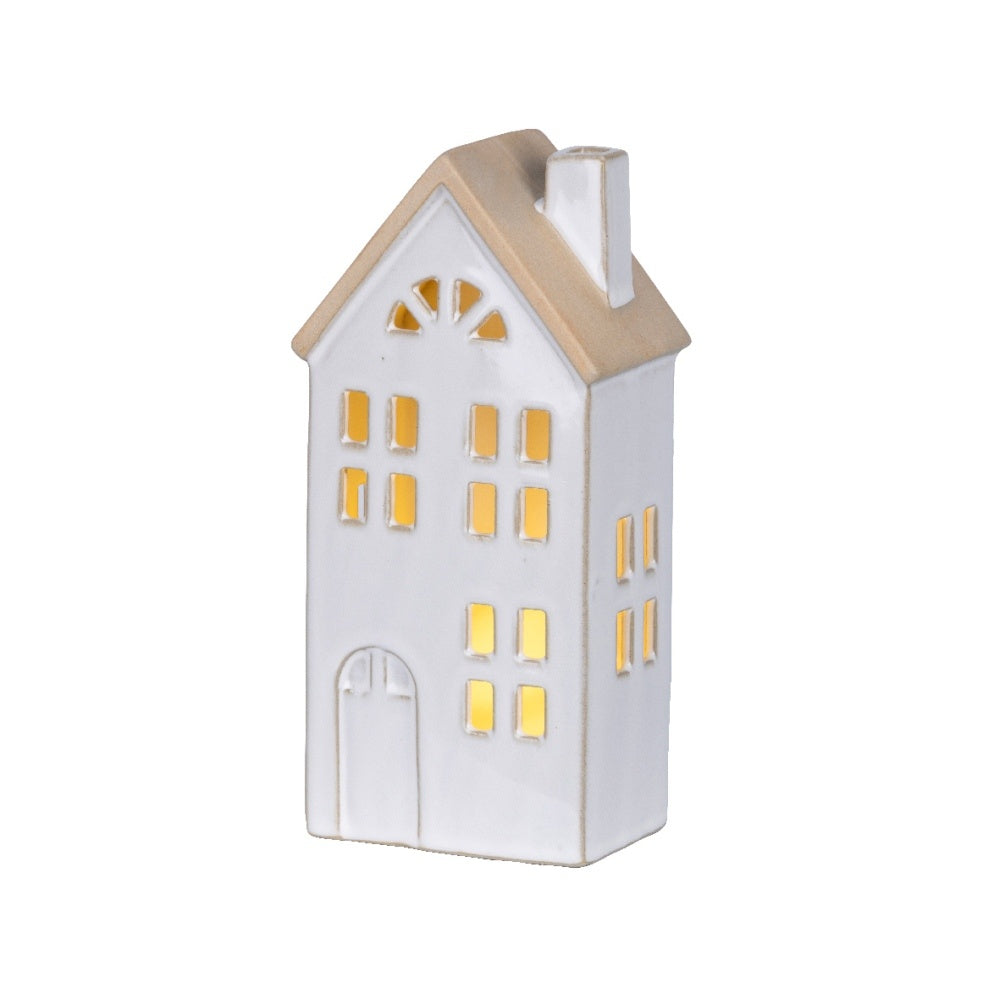 Kersthuisje | porselein | wit met LED lampjes | 20,5cm