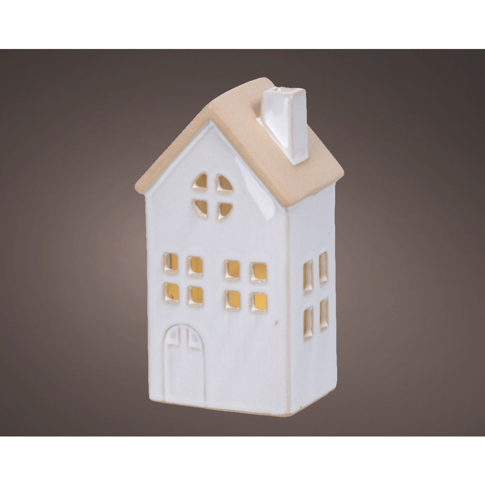 Kersthuisje | porselein | wit met LED lampjes | 15,5cm
