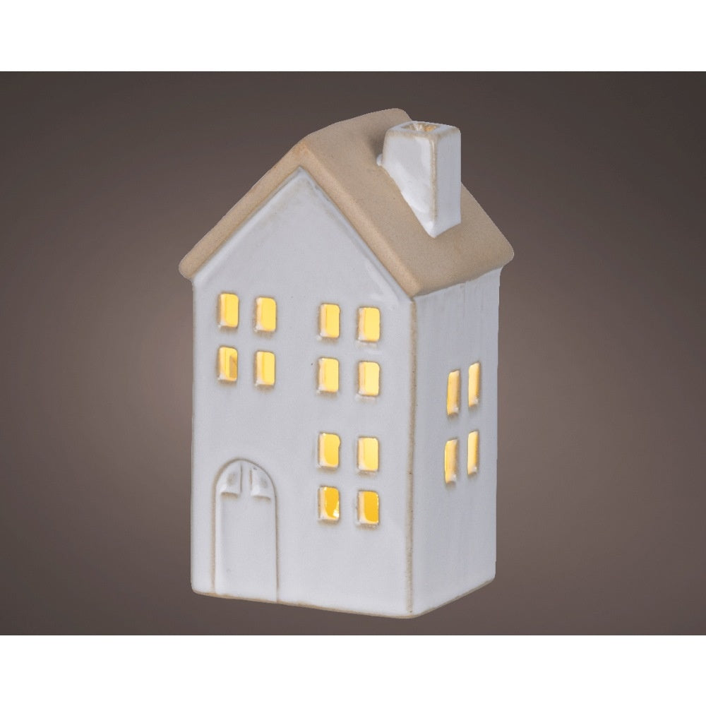 Kersthuisje | porselein | wit met LED lampjes | 12,7cm