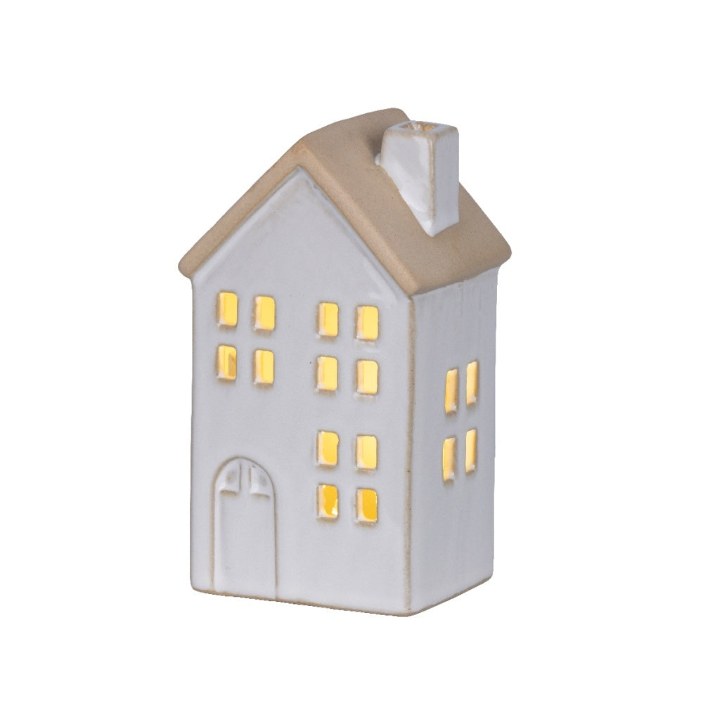 Kersthuisje | porselein | wit met LED lampjes | 12,7cm