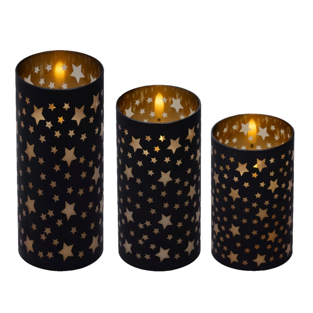 LED kaarsen met sterren set van 3 | wax | goud/warm wit | ø7,5x15/12,5/10cm