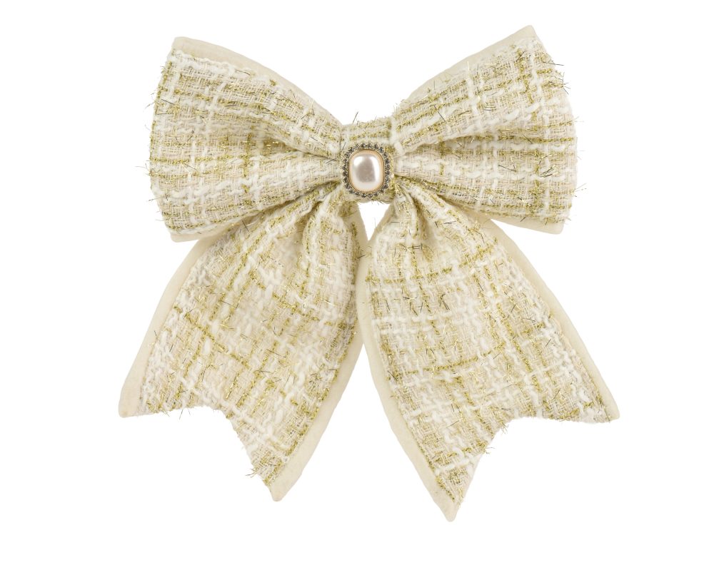 Kerststrik | polyester | crème met strass | 21cm