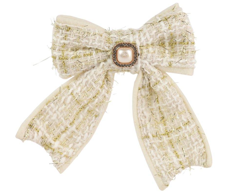 Kerststrik | polyester | crème met strass | 14cm