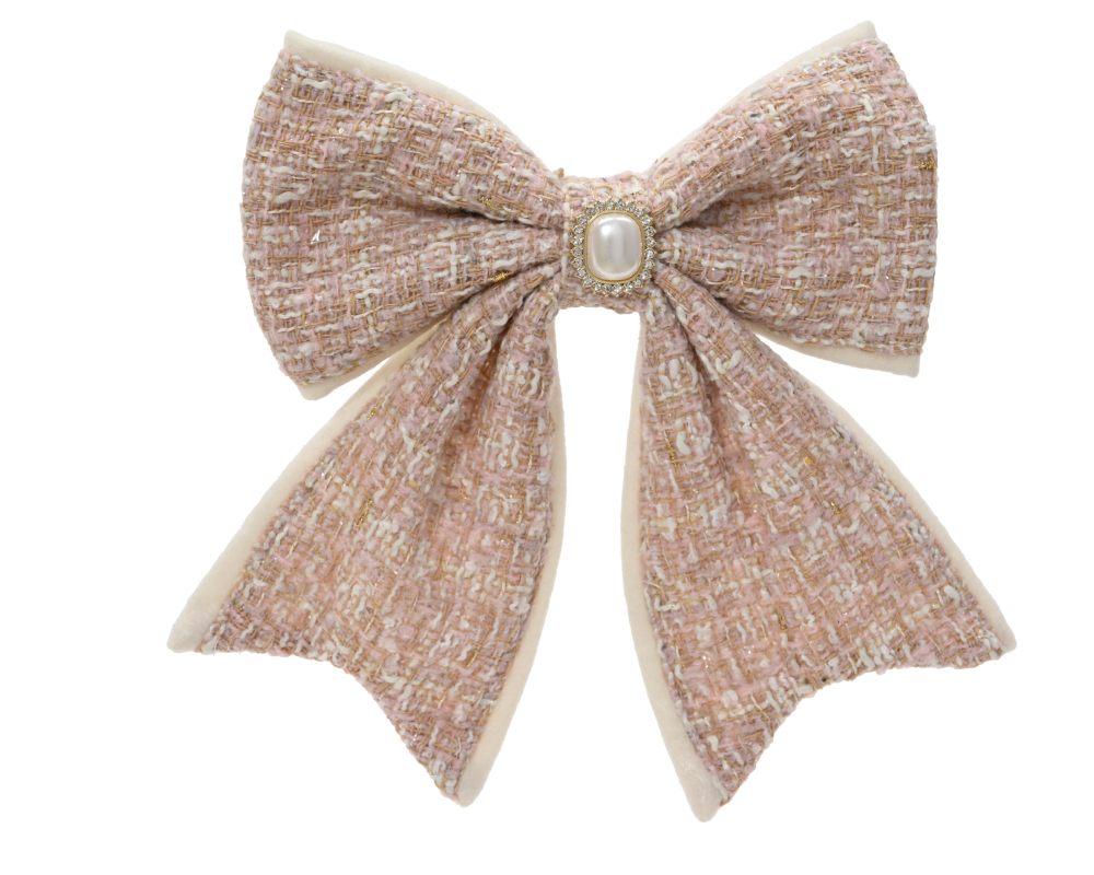 Kerststrik op clip | polyester | roze met strass | 21cm