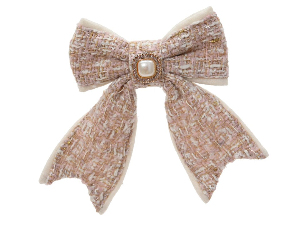 Kerststrik op clip | polyester | roze met strass | 14cm