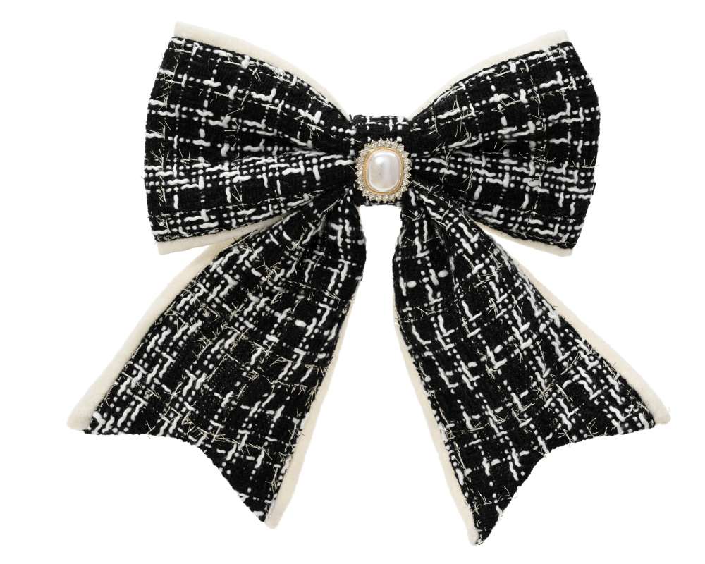 Kerststrik op clip | polyester | zwart met strass | 21cm
