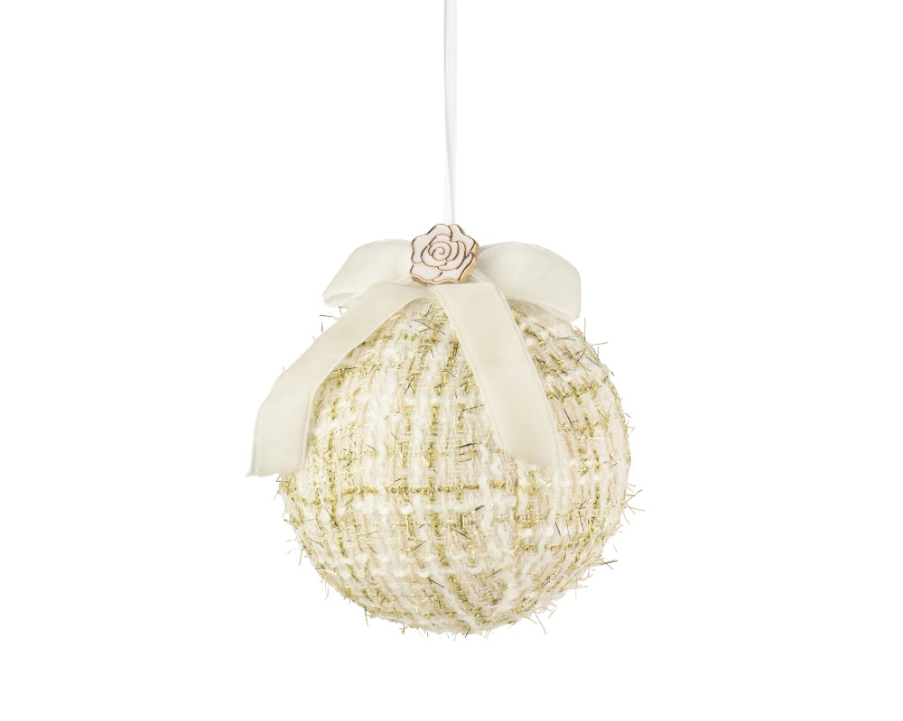 Kerstbal met strik en roos | polyester | crème | 10cm