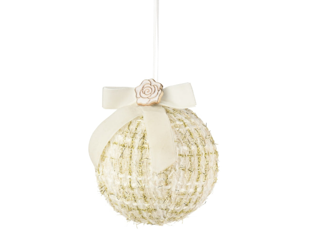 Kerstbal met strik en roos | polyester | crème | 8cm