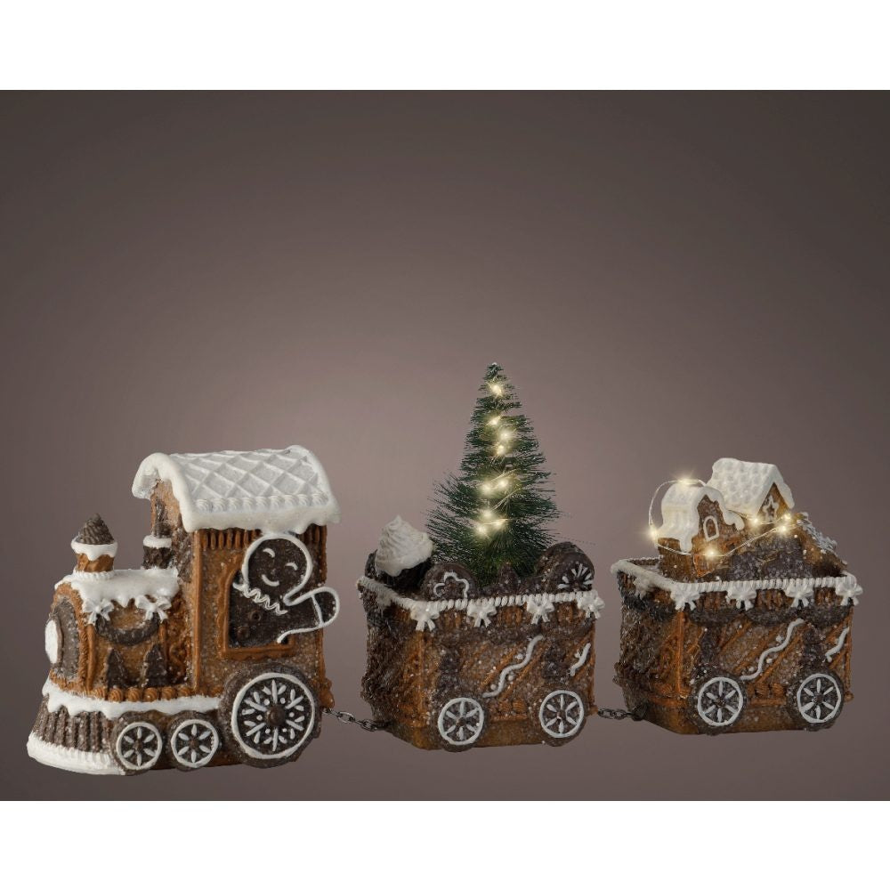 Besneeuwde kersttrein | polyresin | bruin met LED lampjes | 15,5cm