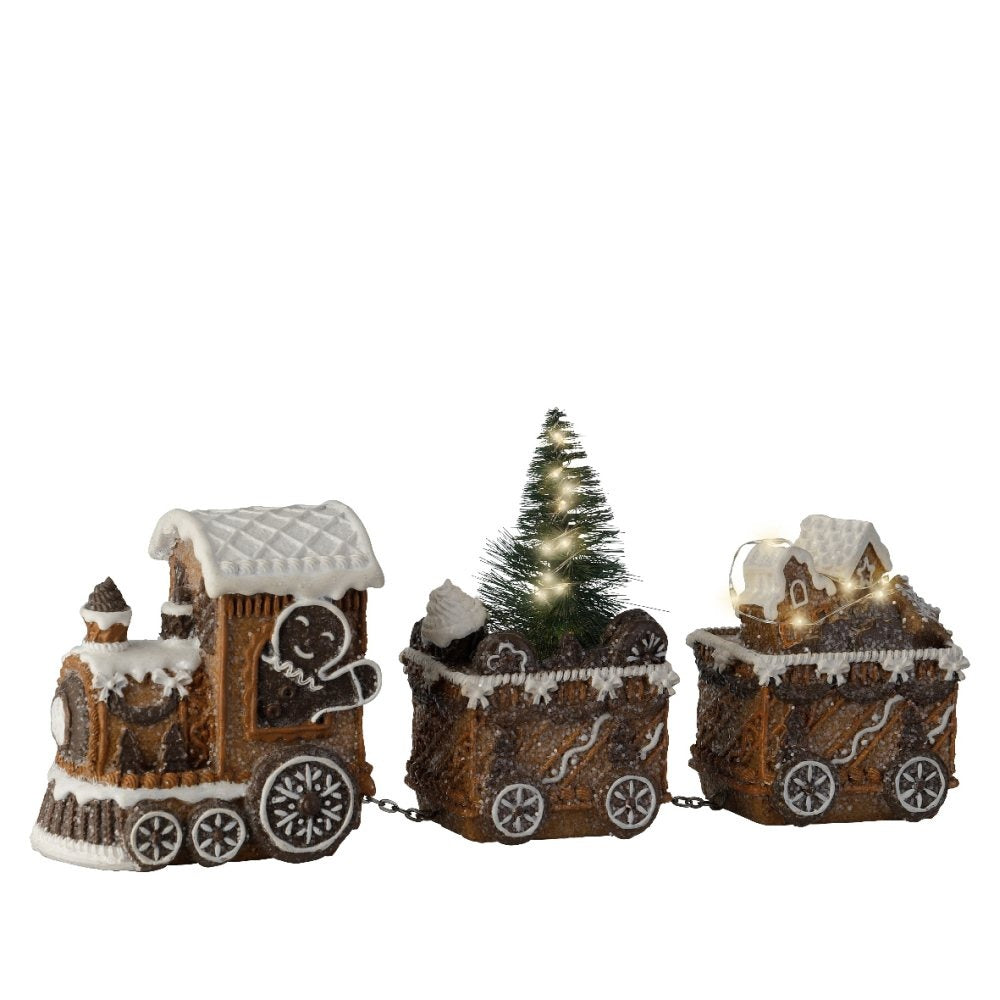 Besneeuwde kersttrein | polyresin | bruin met LED lampjes | 15,5cm