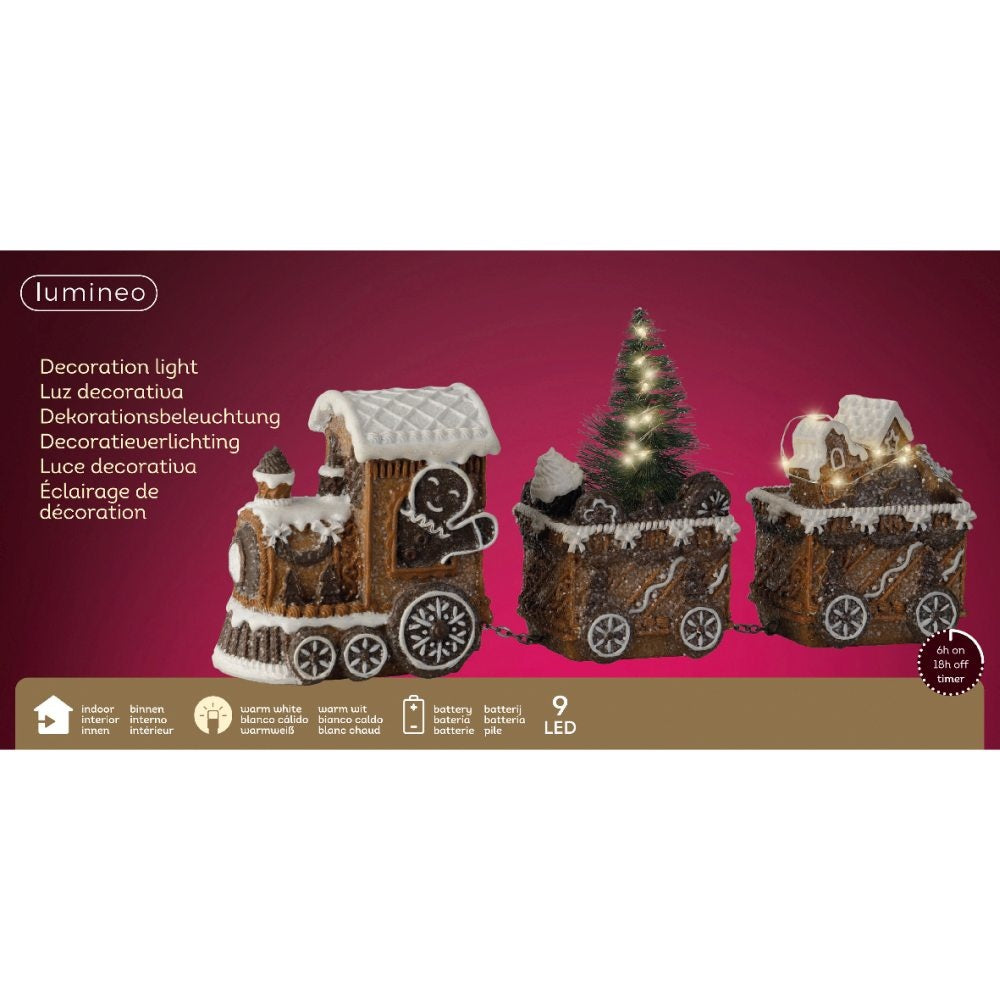 Besneeuwde kersttrein | polyresin | bruin met LED lampjes | 15,5cm