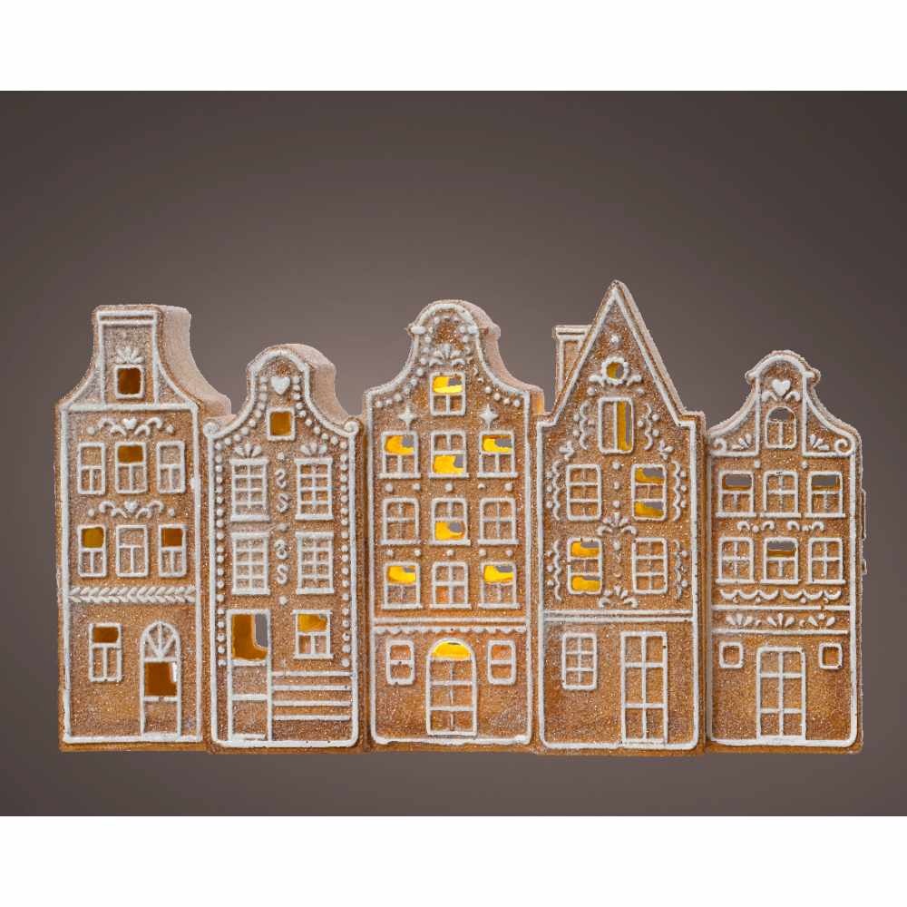 Peperkoek kersthuisjes | polyresin | bruin met LED lampjes | 12cm