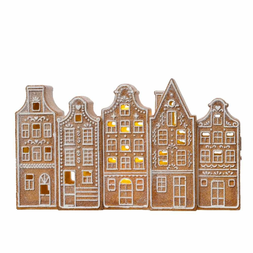 Peperkoek kersthuisjes | polyresin | bruin met LED lampjes | 12cm