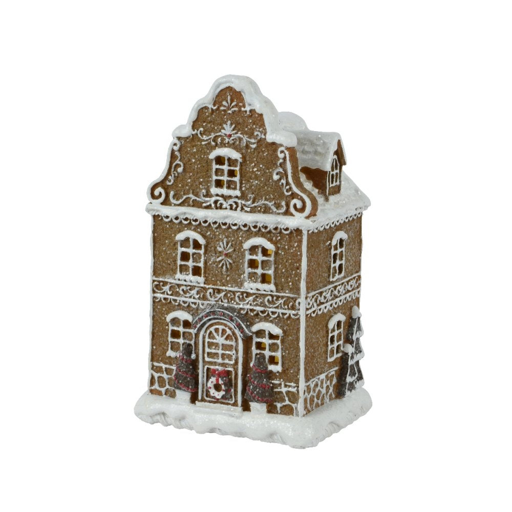 Besneeuwd kersthuisje | polyresin | bruin met LED lampjes | 20,5cm