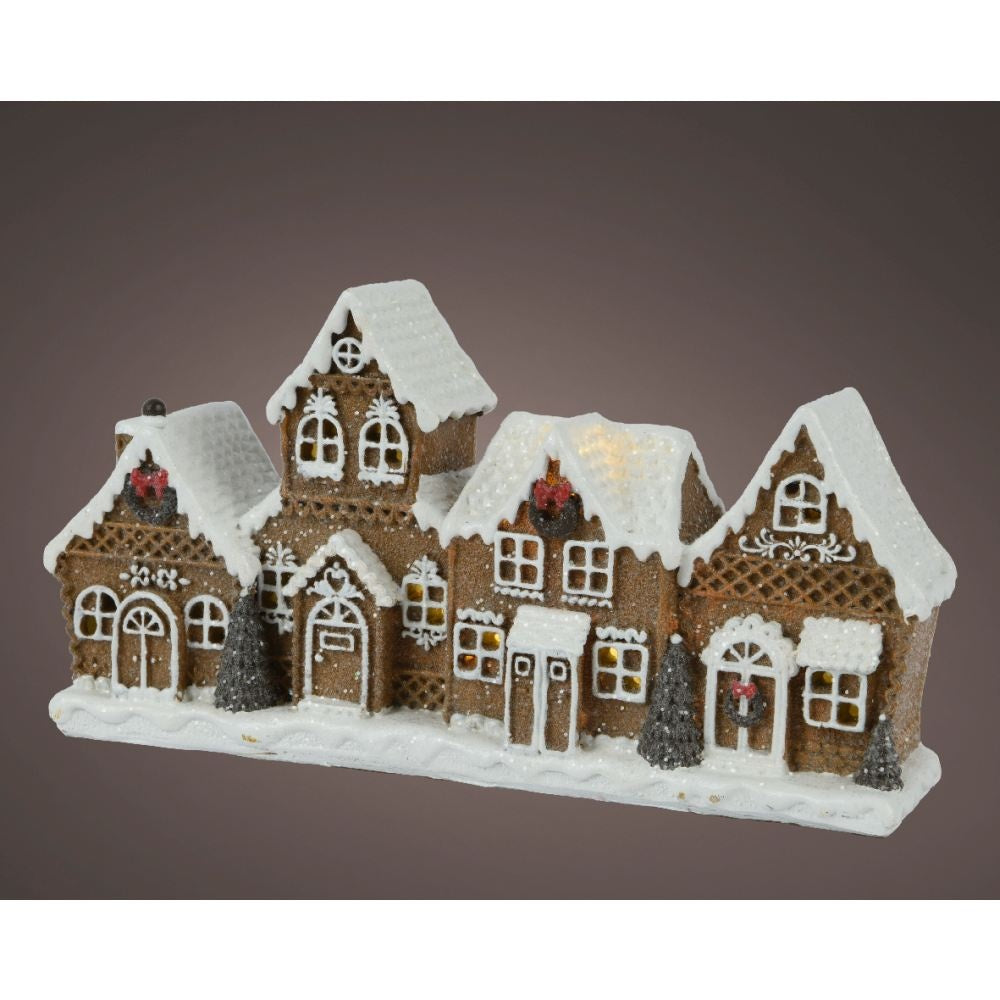 Besneeuwde kersthuisjes | polyresin | bruin met LED lampjes | 12,5cm