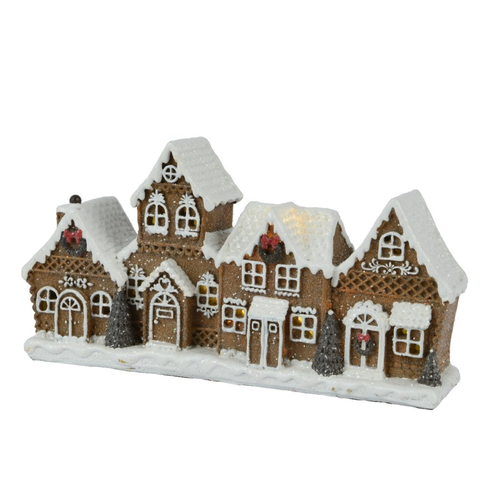 Besneeuwde kersthuisjes | polyresin | bruin met LED lampjes | 12,5cm