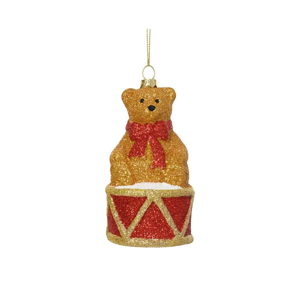 Kersthanger beer met drums | plastic | rood/bruin | 12,5cm