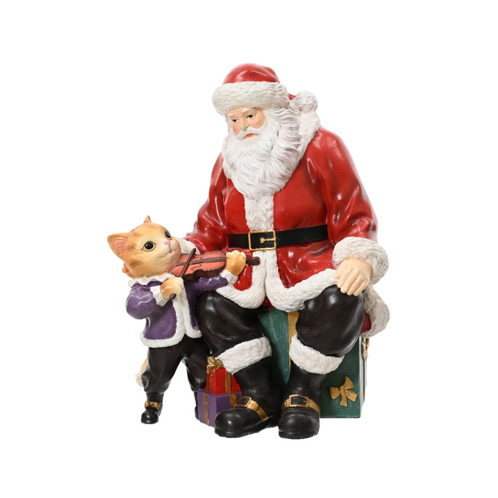 Kerstman met kat | polyresin | rood | 30cm