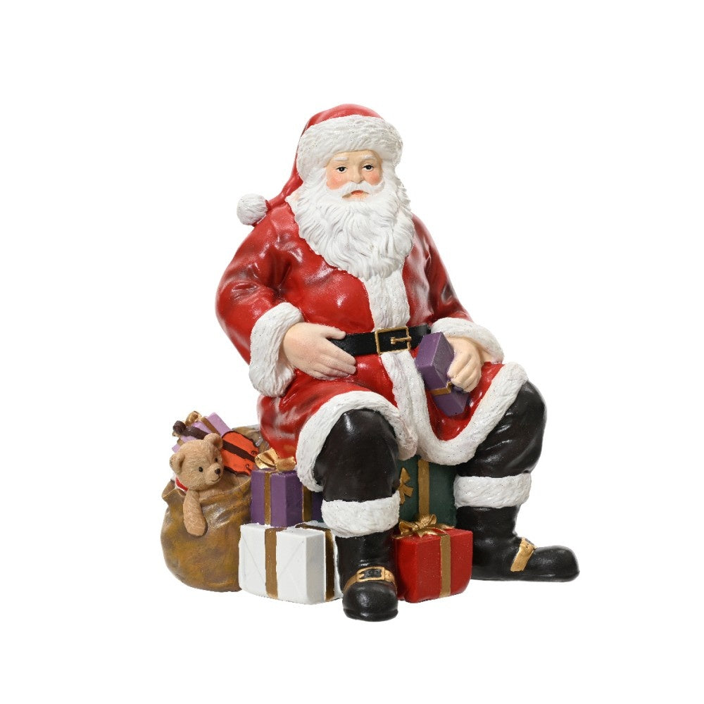 Kerstman met pakjesstapel | polyresin | rood | 19cm