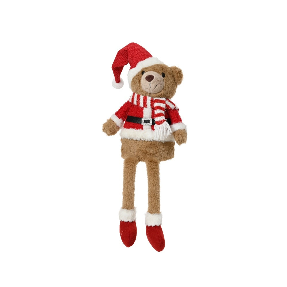 Kerstbeer met sjaal en muts | lange benen | polyester | rood/wit | 50cm