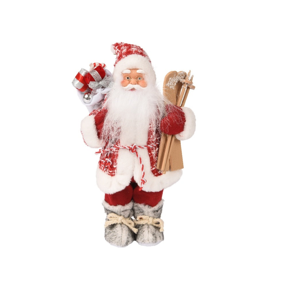 Kerstman met ski's | polyester | rood | 30cm