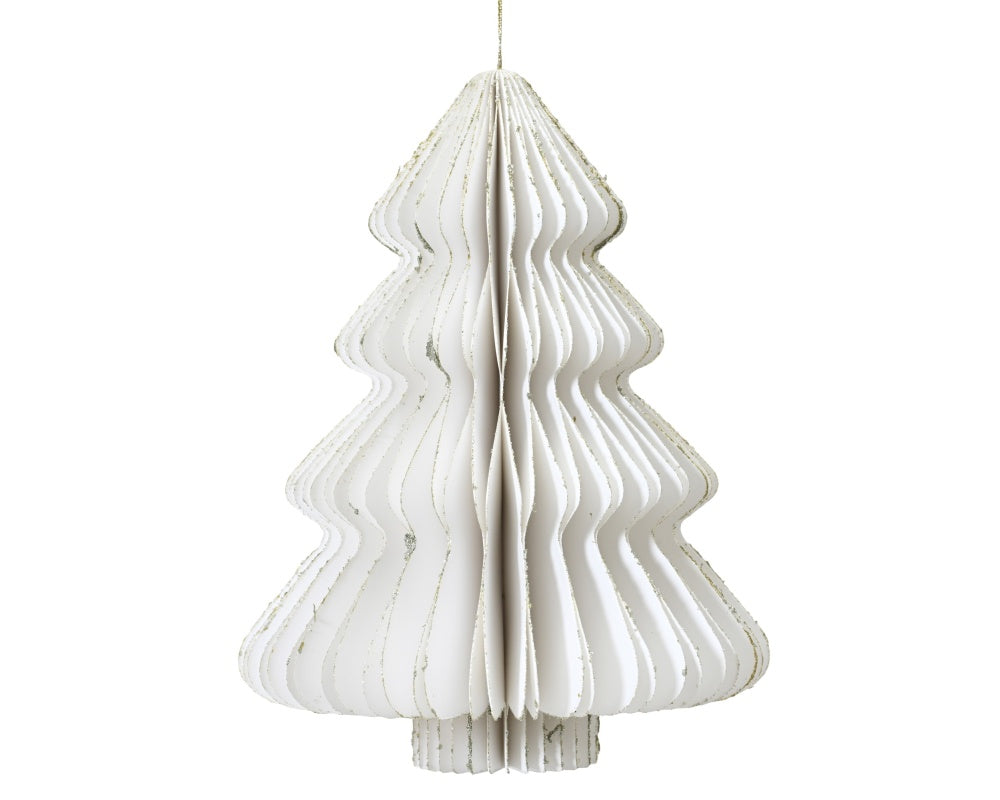 Papieren kerstbal | kerstboom | wit met champagnegouden glitters | 15cm