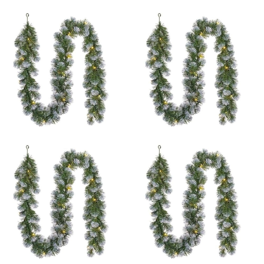 Norton Frosted kerstguirlande set van 4 | groen met sneeuw details & LED lampjes | 270cm