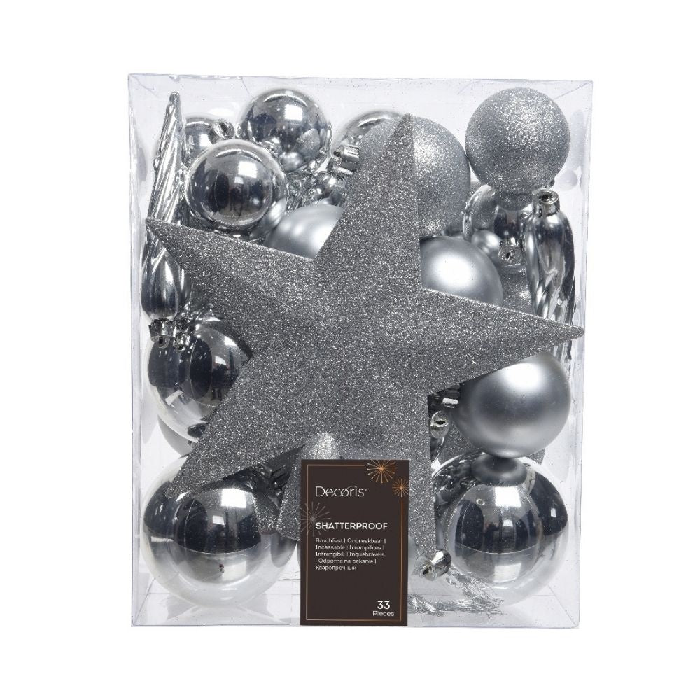 Kerstballen mixbox met piek 33-delig | zilver | kunststof/onbreekbaar | diverse maten