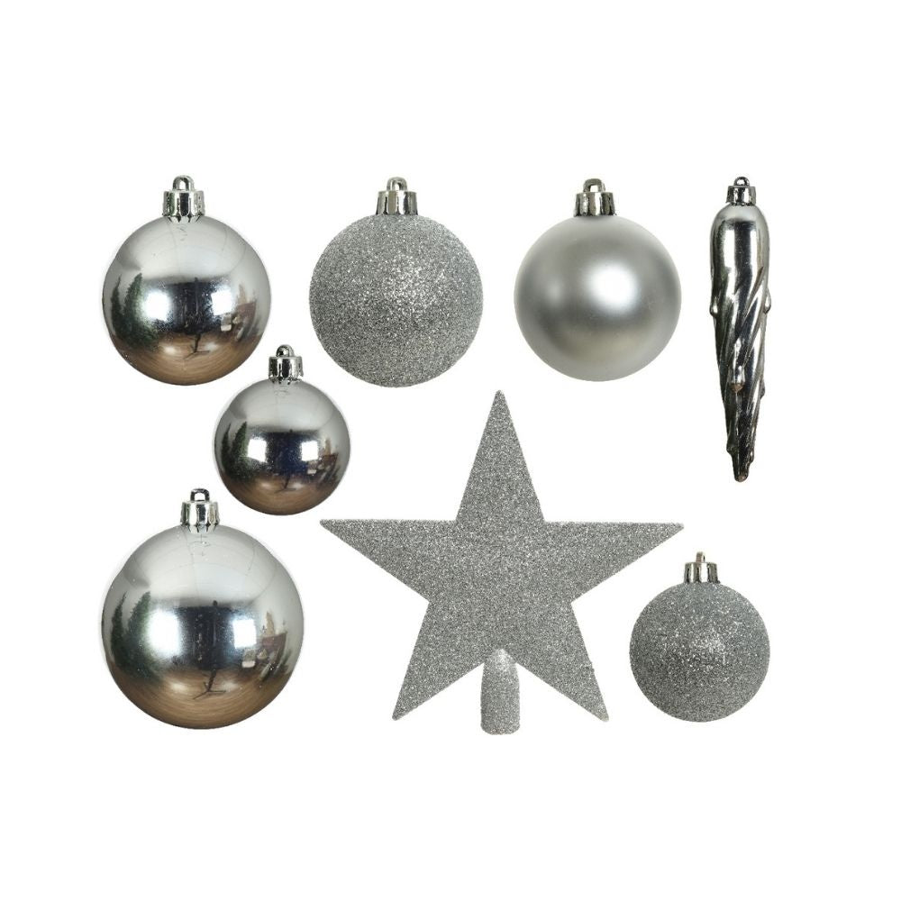 Kerstballen mixbox met piek 33-delig | zilver | kunststof/onbreekbaar | diverse maten