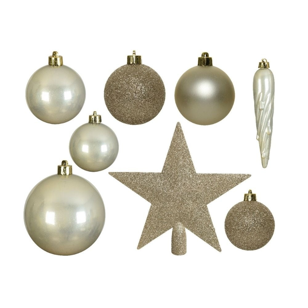 Kerstballen mixbox met piek 33-delig | parel | kunststof/onbreekbaar | diverse maten