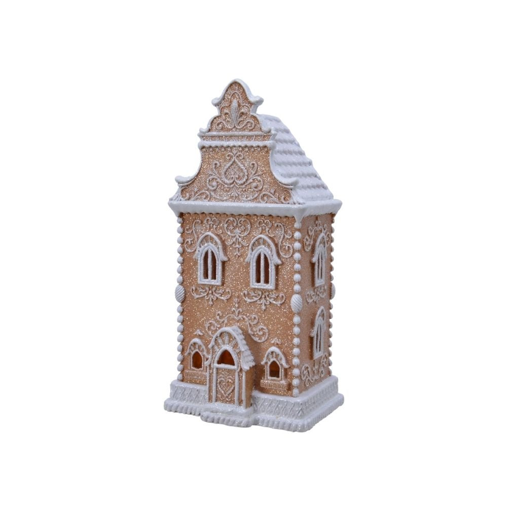 Besneeuwd kersthuisje | porselein | bruin met glans en LED lampjes | 34,2cm