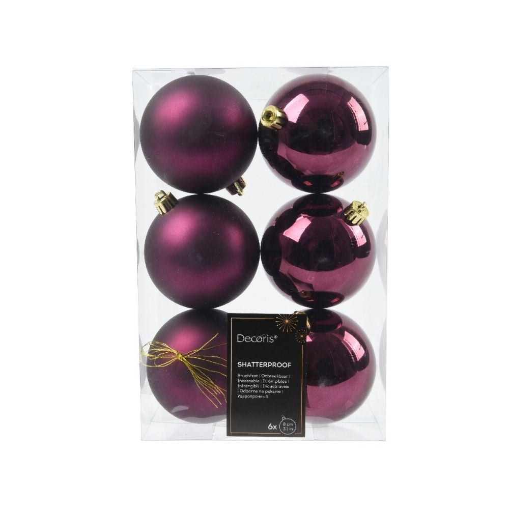 Kerstballen set 6-delig | donker mauve | kunststof/onbreekbaar | 8cm