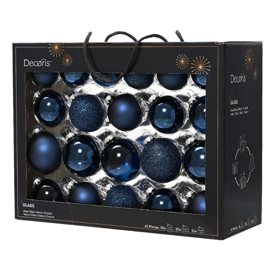 Kerstballen set 42-delig | glas | glitter/mat/glinster | nachtblauw