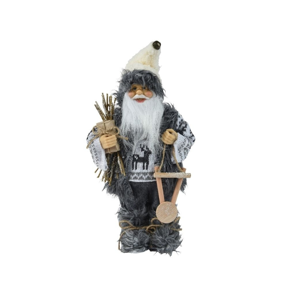 Kerstman pop in winterse outfit met mini slee | polyester | grijs | 15cm