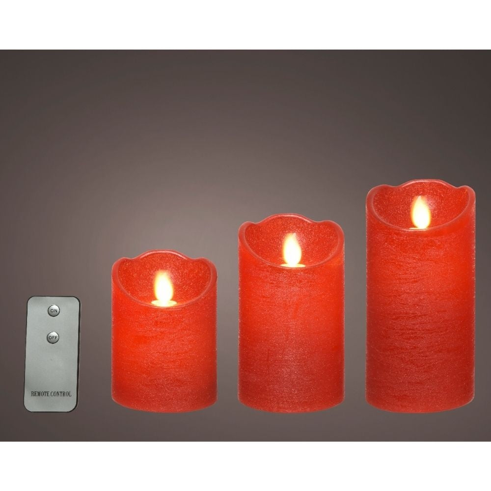 LED kaarsen set van 3 | wax | kerstrood/warm wit met bewegend lampje | ø7,5x15/12,5/10cm