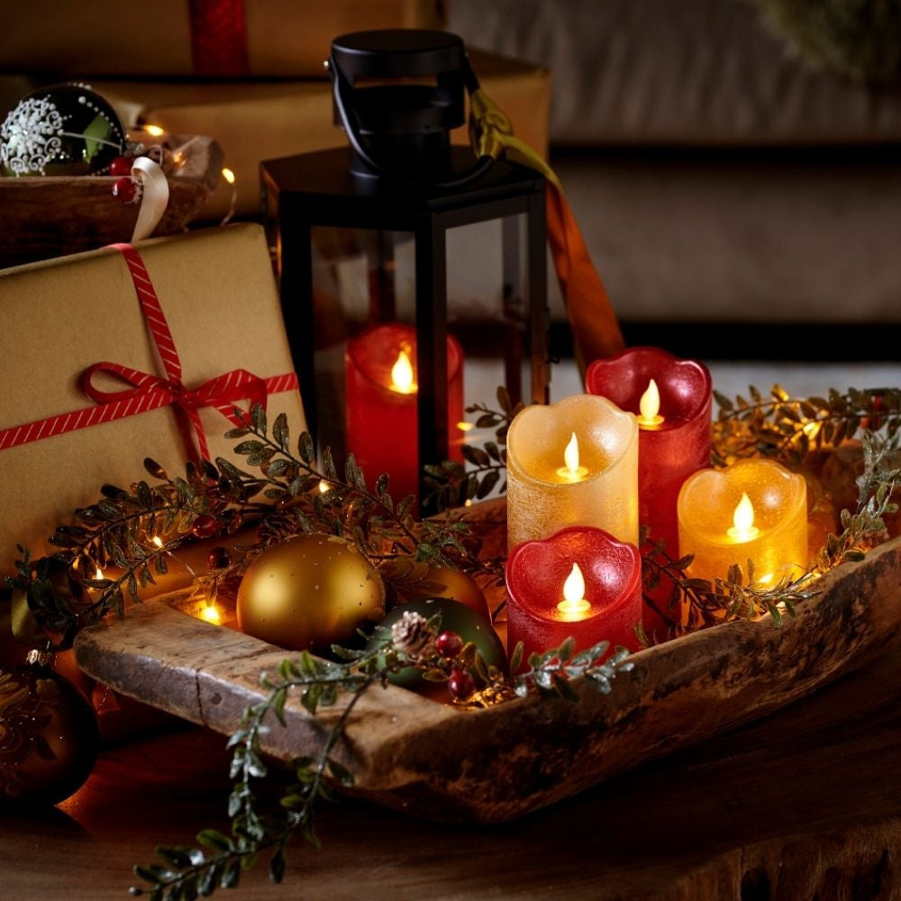 LED kaarsen set van 3 | wax | kerstrood/warm wit met bewegend lampje | ø7,5x15/12,5/10cm