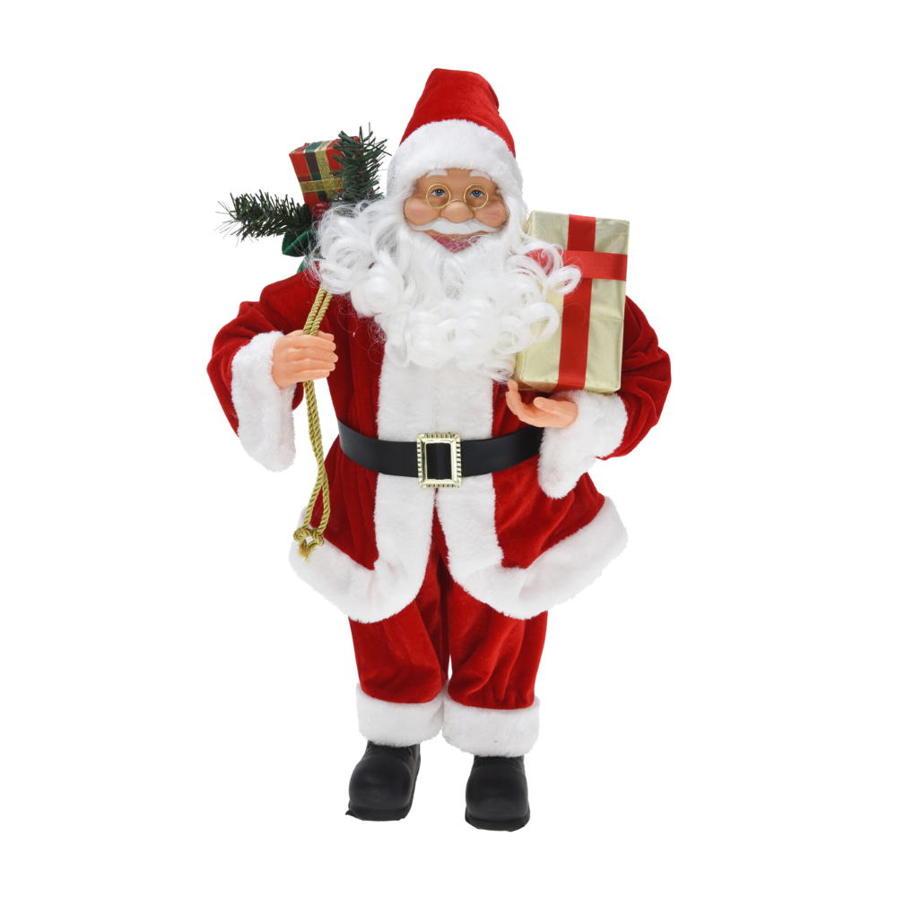 Kerstman in klassieke outfit met cadeau zak | rood/wit | 60cm