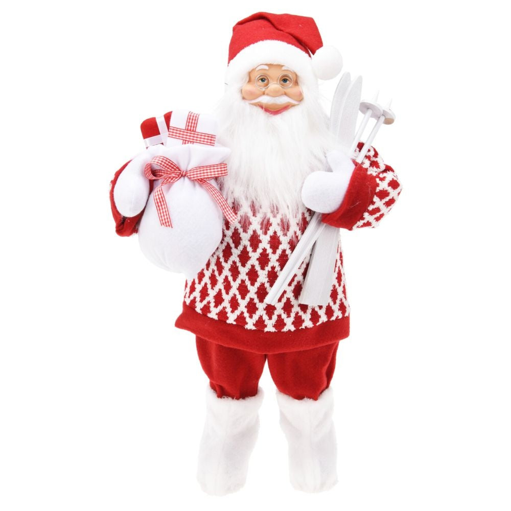 Kerstman pop met cadeau zak en ski's | rood/wit | 60cm