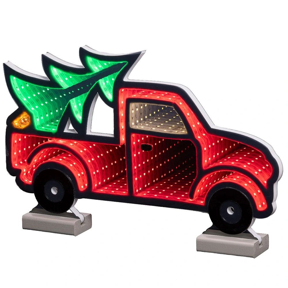 Auto met kerstboom infinity lamp | kunststof | rood/groen | 24,5cm