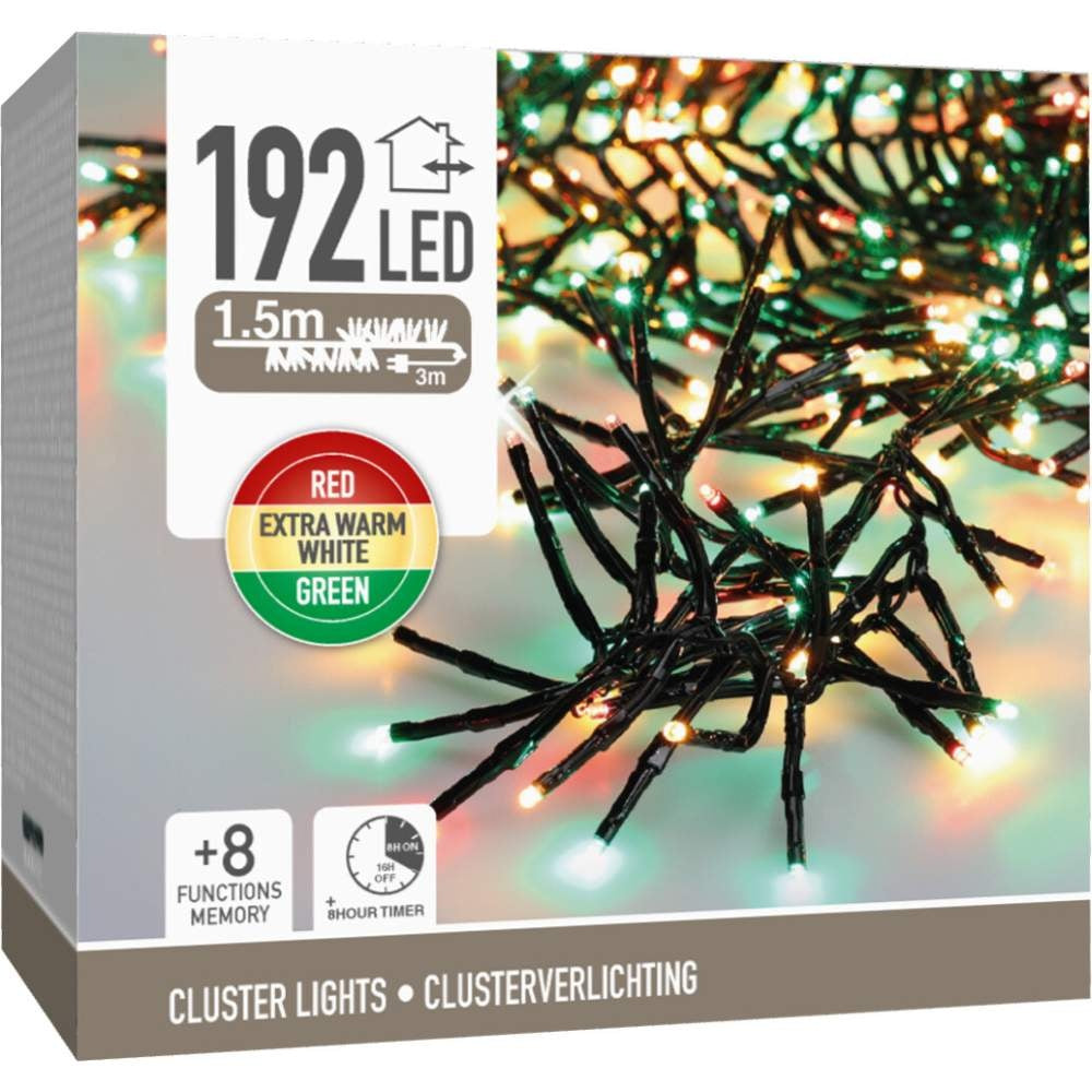 Kerstverlichting cluster | 192 LED lampjes | extra warm wit/rood/groen | 1,5m