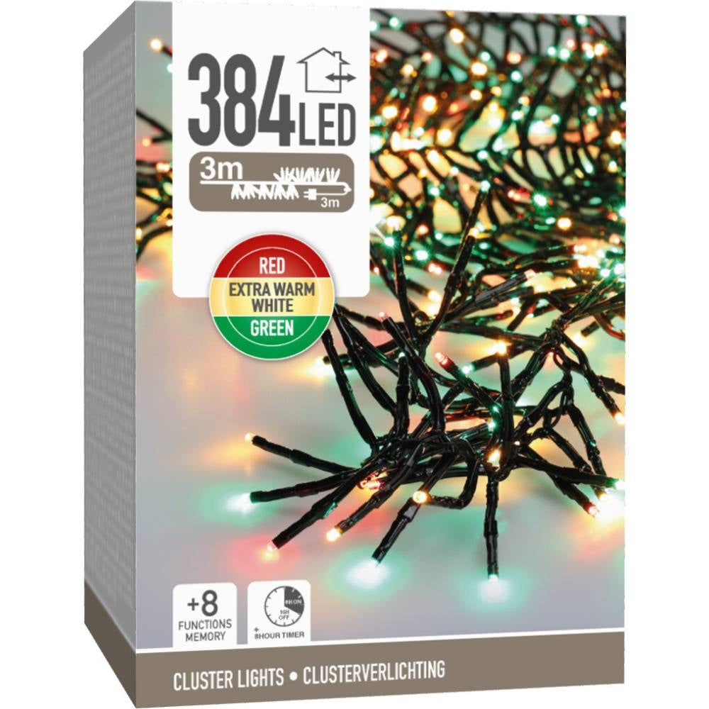 Kerstverlichting cluster | 384 LED lampjes | extra warm wit/rood/groen | 2,8m