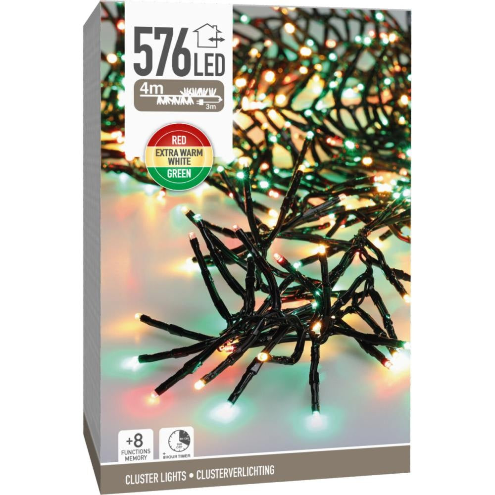 Kerstverlichting cluster | 576 LED lampjes | extra warm wit/rood/groen | 4,2m