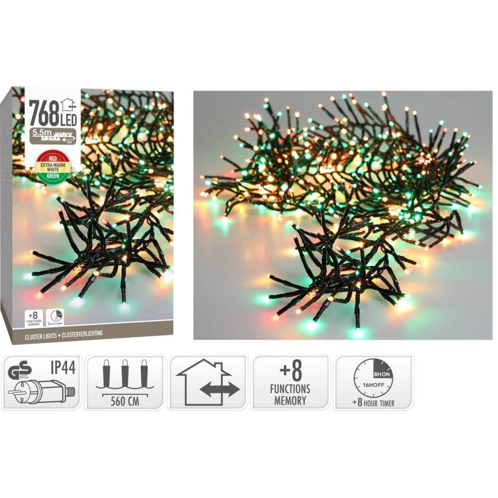 Kerstverlichting cluster | 768 LED lampjes | extra warm wit/rood/groen | 5,5m