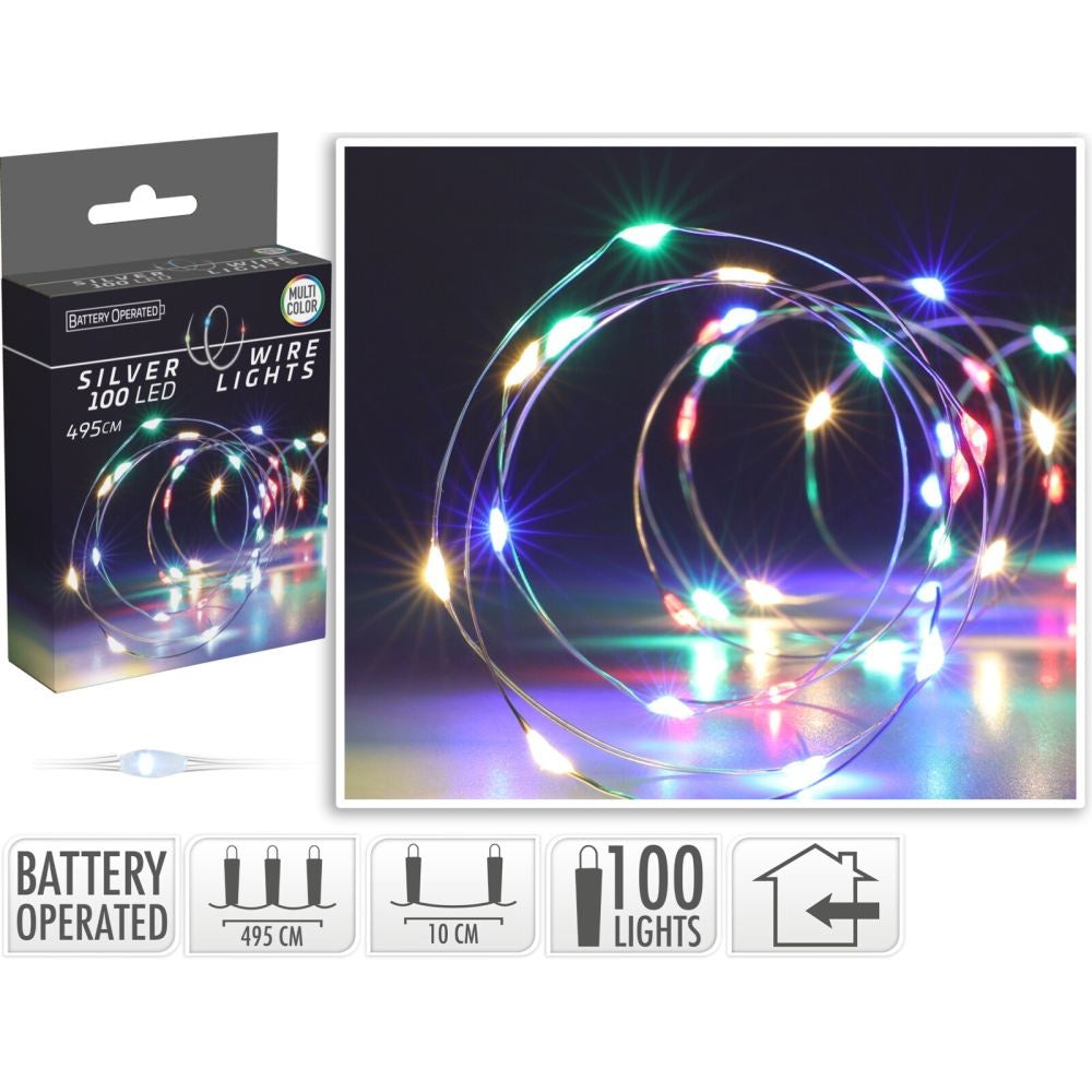 Kerstverlichting zilverdraad | 100 LED lampjes | multicolor | op batterijen | 5 meter
