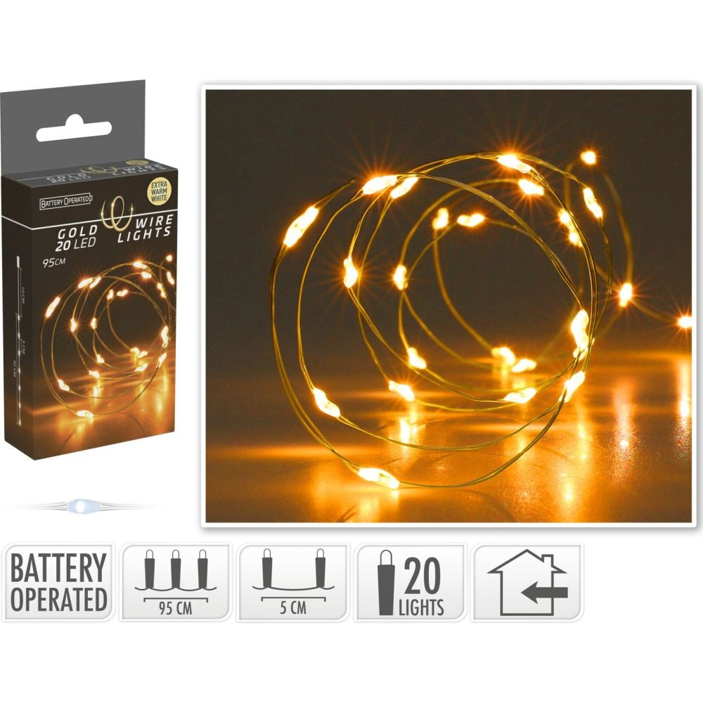 Kerstverlichting gouddraad | 20 LED lampjes | extra warm wit | op batterijen