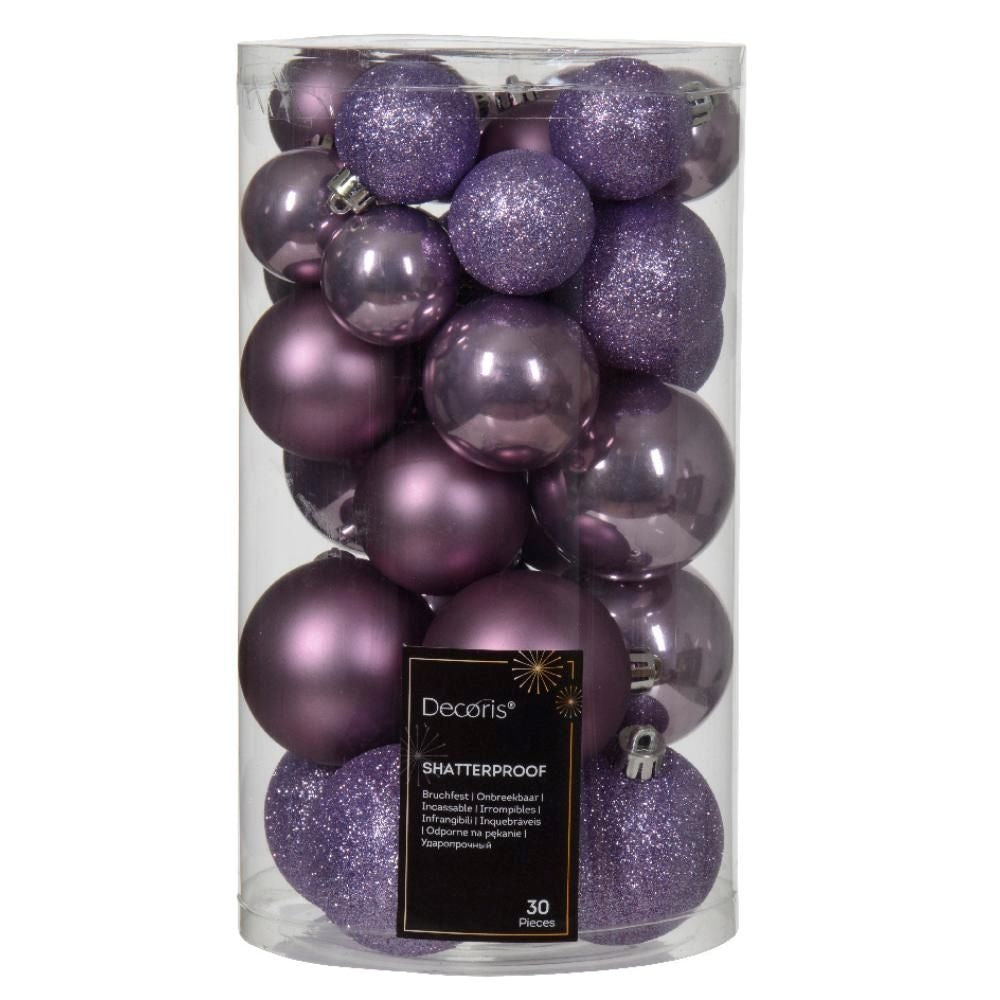 Kerstballen set 30-delig | kunststof/onbreekbaar | kristal lila | diverse maten