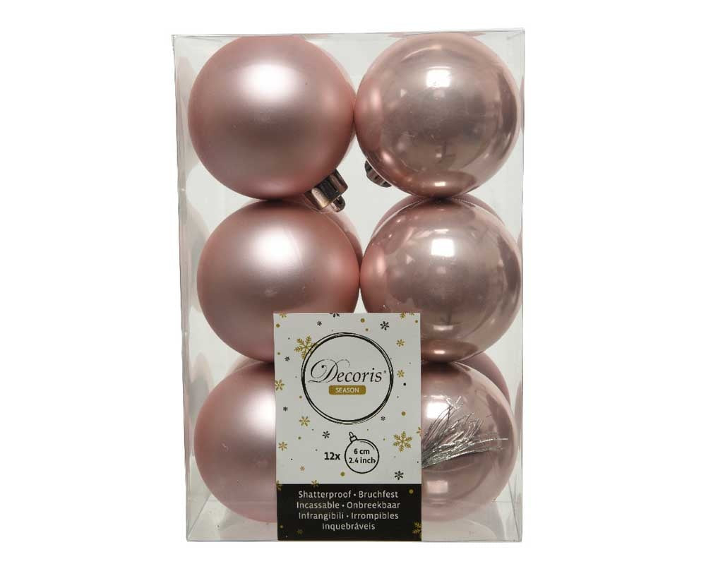 Kerstballen set 12-delig | poederroze | kunststof/onbreekbaar | 6cm