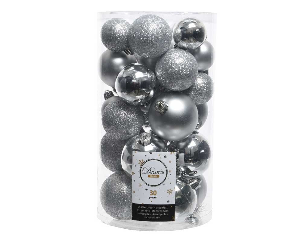 Kerstballen set 30-delig | kunststof/onbreekbaar | zilver | diverse maten