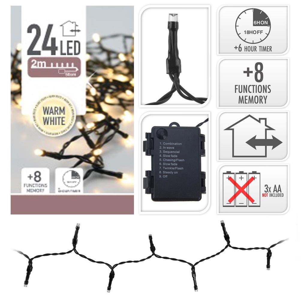 Kerstverlichting op batterijen | 24 LED lampjes | warm wit | 1,8 meter